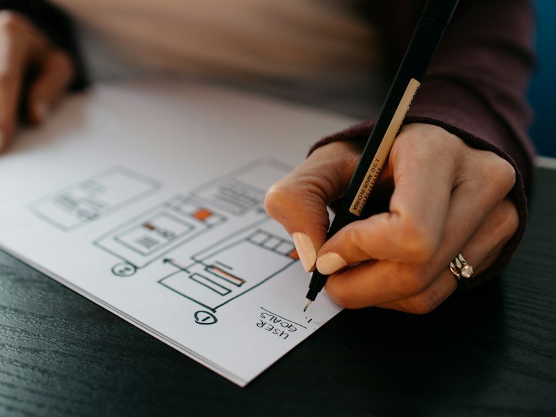 Designer sketching website wireframes on paper beside a laptop on a desk